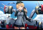  bird blonde_hair cuon_(kuon) gloves hat kantai_collection letterboxed long_hair machinery one_eye_closed peaked_cap prinz_eugen_(kantai_collection) seagull smile solo turret twintails uniform 