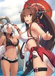  beach bikini breasts brown_eyes brown_hair dark_skin day glasses hair_ornament headgear highres kantai_collection large_breasts long_ponytail looking_at_viewer multiple_girls musashi_(kantai_collection) official_art one_eye_closed parasol ponytail shizuma_yoshinori silver_hair source_request swimsuit twintails umbrella waifu2x yamato_(kantai_collection) 