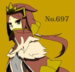  anemoi5648 covered_mouth fur_trim gen_6_pokemon grey_eyes headpiece personification pokemon ponytail red_hair solo tyrantrum upper_body 