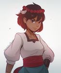  ajna_(indivisible) beads bracelet brown_hair dark_skin hair_ornament hand_on_hip indivisible jewelry koyorin looking_at_viewer sash short_hair smile solo upper_body 