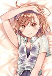  arm_up bed_sheet blush brown_eyes brown_hair competition_swimsuit covered_navel dakimakura dsmile flower hair_flower hair_ornament looking_at_viewer lying misaka_mikoto on_back one-piece_swimsuit orange_maru shirt short_hair solo swimsuit swimsuit_under_clothes tears to_aru_kagaku_no_railgun to_aru_majutsu_no_index upper_body wet wet_clothes wet_shirt 