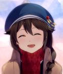  ^_^ blurry braid brown_hair closed_eyes coat commentary face facing_viewer hair_flaps hair_ornament hair_over_shoulder hat kantai_collection open_mouth portrait scarf shigure_(kantai_collection) single_braid smile solo yukichi_(eikichi) 