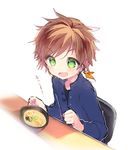  blush brown_hair earrings feathers food green_eyes jewelry male_focus name_(oiuio) noodles open_mouth ramen smile solo sorey_(tales) tales_of_(series) tales_of_zestiria 
