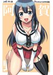  :d agano_(kantai_collection) alternate_eye_color alternate_hair_color anchor_symbol asymmetrical_legwear bare_shoulders barefoot blue_eyes blush breasts character_name cleavage dated garter_straps gloves kantai_collection kondou_ryunosuke large_breasts long_hair looking_at_viewer midriff miniskirt navel necktie open_mouth pleated_skirt school_uniform serafuku single_thighhigh skirt smile solo thighhighs twitter_username v_arms white_gloves 