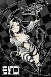  arizuka_(catacombe) ball_and_chain barbed_wire bikini_top boots breasts center_opening chain checkered checkered_background cleavage eyeliner floating_hair frown full_body gloves grey highres holster hood hoodie large_breasts long_hair long_sleeves makeup monochrome navel original outline single_thighhigh solo striped striped_legwear thigh_holster thighhighs twintails very_long_hair 