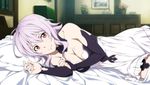  :_code_register bed breasts cleavage detached_sleeves dress game_cg indoors large_breasts looking_at_viewer lying mole mole_on_breast official_art on_side pillow purple_hair red_eyes smile solo strea sword_art_online sword_art_online:_hollow_fragment white_dress 