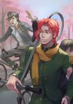  absurdres arm_holding bicycle black_hair blue_eyes chain earrings faceless gakuran ground_vehicle hand_in_pocket hat highres jewelry jojo_no_kimyou_na_bouken kakyouin_noriaki kuujou_joutarou male_focus mi_lu-zi multiple_boys red_eyes red_hair riding scarf school_uniform tree 