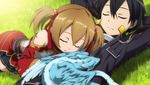  1girl :_code_register arms_behind_head black_hair black_skirt closed_eyes dragon game_cg hair_ornament kirito official_art outdoors pina_(sao) pleated_skirt short_twintails silica skirt sleeping sleeping_on_person sword_art_online sword_art_online:_hollow_fragment twintails 