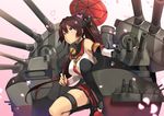  bare_shoulders breasts brown_eyes brown_hair cannon cherry_blossoms detached_sleeves flower gintarou_(kurousagi108) hair_flower hair_ornament headgear kantai_collection large_breasts long_hair mecha_musume miniskirt one_knee oriental_umbrella petals ponytail red_umbrella single_thighhigh skirt solo thigh_strap thighhighs turret umbrella very_long_hair yamato_(kantai_collection) 