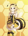  antennae bee_costume blonde_hair blue_eyes blush breasts chiwino cleavage detached_sleeves hairband honey looking_at_viewer medium_breasts navel panties patterned_background pretty_(series) pretty_rhythm pretty_rhythm_rainbow_live revision smile solo striped striped_panties takanashi_otoha thighhighs underwear wings yellow 