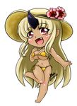  :d bikini blackgeneride blonde_hair breasts chibi fang full_body hat highres horn large_breasts long_hair monster_musume_no_iru_nichijou navel ogre open_mouth pointy_ears red_eyes signature simple_background smile solo sun_hat swimsuit tionishia very_long_hair white_background yellow_bikini 