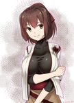  blood breast_hold breasts brown_eyes brown_hair eko hair_ribbon injury ise_(kantai_collection) jacket_on_shoulders japanese_clothes kantai_collection large_breasts looking_at_viewer ponytail ribbon short_hair short_ponytail skin_tight smile solo twitter_username undershirt 