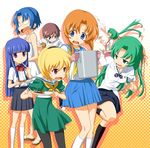  3boys 6+girls blonde_hair blue_hair chie_rumiko curry dress eating food furude_rika highres higurashi_no_naku_koro_ni houjou_satoko maebara_keiichi multiple_boys multiple_girls pantyhose rato ryuuguu_rena sailor_dress school_uniform serafuku siblings sisters skirt socks sonozaki_mion sonozaki_shion teacher twins 