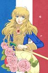  absurdres blonde_hair blue_eyes brooch epaulettes flag_background flower french_flag hato_(popi) highres holding jewelry long_hair long_sleeves military military_uniform open_mouth oscar_francois_de_jarjayes petals pink_flower pink_rose rapier rose solo sword uniform versailles_no_bara weapon 