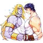  armband blonde_hair blue_hair catsizuru dio_brando facial_mark halo heaven_ascended_dio jojo_no_kimyou_na_bouken jojo_no_kimyou_na_bouken:_eyes_of_heaven jonathan_joestar long_hair male_focus multiple_boys purple_skin 