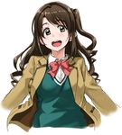  :d blazer bow bowtie brown_eyes brown_hair idolmaster idolmaster_cinderella_girls jacket long_hair looking_at_viewer one_side_up open_blazer open_clothes open_jacket open_mouth outstretched_arms school_uniform shimamura_uzuki sketch smile solo spread_arms sweater_vest tachibana_roku upper_body 
