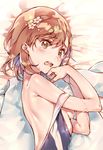  back bed_sheet blush brown_eyes brown_hair competition_swimsuit dakimakura dsmile flower hair_flower hair_ornament looking_at_viewer lying misaka_mikoto nape on_side one-piece_swimsuit open_mouth orange_maru shirt_removed short_hair solo strap_slip swimsuit tears to_aru_kagaku_no_railgun to_aru_majutsu_no_index upper_body wet 