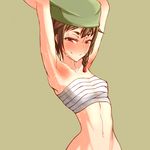  armpits arms_up bangs black_hair blush braid breasts colored_eyelashes dorotabou_(dieter) eyebrows from_side groin half-closed_eyes hat highres hips light_smile mole mole_under_eye naughty_face navel red_eyes sarashi sen_no_rikyuu_(sengoku_collection) sengoku_collection short_eyebrows side_braid simple_background skinny small_breasts smile solo thick_eyebrows upper_body wet 
