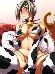  alternate_costume animal_ears animal_print bell bell_collar blush breasts chitose_(kantai_collection) choker clenched_hand collar commentary_request cow_ears cow_girl cow_print cow_tail elbow_gloves gloves grey_hair headband horn jewelry kantai_collection kobamiso_(kobalt) large_breasts long_hair looking_at_viewer navel out_of_frame pillow ponytail ring sitting solo_focus spread_legs swimsuit tail 