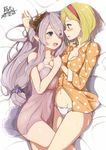  2girls bed_sheet black_eyes blonde_hair blue_eyes blush bow bow_panties breast_press breasts chemise cleavage covered_navel dated demon_horns djeeta_(granblue_fantasy) draph eye_contact granblue_fantasy hair_over_one_eye hairband hand_on_another's_shoulder highres holding_hands horns large_breasts leg_between_thighs long_hair looking_at_another lying multiple_girls narmaya_(granblue_fantasy) navel on_side open_mouth pajamas panties profile see-through short_hair signature silver_hair smile underwear white_panties yuri yuuzuki_(re'ef) 