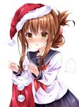  1girl anchor_symbol bangs blouse blush brown_hair christmas commentary eyebrows eyebrows_visible_through_hair folded_ponytail hair_between_eyes hair_ornament hairclip hat holding_clothes inazuma_(kantai_collection) kantai_collection long_hair long_sleeves looking_at_viewer nogi_takayoshi pom_pom_(clothes) santa_costume santa_hat school_uniform serafuku simple_background solo speech_bubble sweatdrop trembling upper_body white_background white_blouse yellow_eyes 