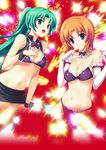  aqua_eyes bangs blue_eyes blush bow bra breasts check_artist ekusa_takahito green_hair highres higurashi_no_naku_koro_ni long_hair looking_at_viewer medium_breasts multiple_girls navel official_art orange_hair ponytail ryuuguu_rena short_hair skirt smile sonozaki_mion underwear 