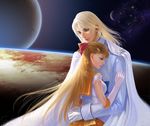  1girl aino_minako bishoujo_senshi_sailor_moon blonde_hair blue_eyes cape elbow_gloves gloves hair_ribbon highres hug kunzite_(sailor_moon) long_hair orange_sailor_collar orange_skirt planet pleated_skirt ribbon sailor_collar sailor_senshi_uniform sailor_venus sanmeosore_ryuuebi skirt sky space sparkle star_(sky) starry_sky venus very_long_hair white_gloves 