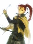  arrow asymmetrical_clothes bow_(weapon) cape coat expressionless fingerless_gloves fire_emblem fire_emblem:_akatsuki_no_megami fire_emblem:_souen_no_kiseki gloves green_eyes kaito_(sawayakasawaday) long_hair long_sleeves male_focus ponytail red_hair shinon_(fire_emblem) solo weapon white_background 
