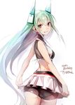  ass commentary_request green_hair grin headgear highres long_hair looking_at_viewer menou_kaname midriff original purple_eyes skirt smile solo taishi_(picchiridou) very_long_hair 