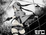  arizuka_(catacombe) ass barbed_wire bikini bikini_bottom chain eyeliner from_behind gloves gun highres hood hoodie long_hair looking_at_viewer looking_back makeup monochrome original short_shorts shorts solo striped striped_bikini swimsuit twintails very_long_hair weapon 