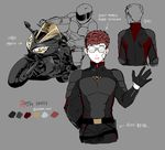 alternate_costume bandage_on_face black_gloves brown_hair glasses gloves grey_background ground_vehicle headwear_removed helmet helmet_removed korean male_focus motor_vehicle motorcycle multiple_views mumen_rider one-punch_man partially_translated sodam_real translation_request twitter_username upper_body 