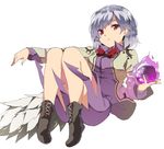  boots bow bowtie dress full_body hasebe_yuusaku jacket kishin_sagume long_sleeves looking_at_viewer open_mouth purple_dress red_eyes short_hair silver_hair simple_background single_wing solo touhou white_background wings 