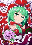  blush bouquet bow breasts bwell cleavage flower frills front_ponytail green_eyes green_hair hair_bow head_tilt kagiyama_hina large_breasts looking_at_viewer petals ribbon smile solo touhou 