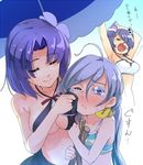  :t ahoge blush breasts closed_eyes eyepatch grey_hair handkerchief headgear kantai_collection kiyoshimo_(kantai_collection) magenta_(atyana) medium_breasts multiple_girls object_hug open_mouth purple_hair short_hair smile stick swimsuit tatsuta_(kantai_collection) tears tenryuu_(kantai_collection) translated umbrella wiping_tears yawning 