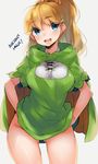 ass_visible_through_thighs blonde_hair blue_eyes blush breasts cape large_breasts long_hair looking_at_viewer naso4 open_mouth ponytail simple_background solo 