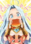  ahoge bare_shoulders blue_eyes blue_hair blush brown_eyes dress eating food granblue_fantasy hamburger highres kamiya_zuzu long_hair lyria_(granblue_fantasy) vee_(granblue_fantasy) 