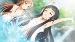  :_code_register armpits asuna_(sao) black_hair breasts brown_eyes brown_hair cleavage closed_eyes game_cg long_hair medium_breasts multiple_girls naked_towel navel official_art outdoors smile sword_art_online sword_art_online:_hollow_fragment towel water yui_(sao) 