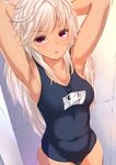  amasora_taichi armpits arms_behind_head arms_up blush breasts commentary_request dark_skin highres long_hair looking_at_viewer medium_breasts name_tag one-piece_swimsuit open_mouth original red_eyes school_swimsuit silver_hair solo swimsuit 