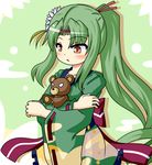  flower_knight_girl green_hair holding japanese_clothes kimono long_hair long_sleeves parted_lips ponytail ribbon-trimmed_sleeves ribbon_trim sankaku_saboten_(flower_knight_girl) sidelocks simple_background solo stuffed_animal stuffed_toy teddy_bear triangle_mouth upper_body urushi 