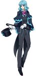  black_footwear black_hat black_pants blue_hair bow bowtie cane formal full_body gen_4_pokemon gijinkatrainer gloves hat hat_removed headwear_removed lumineon magician male_focus open_mouth pants personification pokemon red_eyes shoes solo suit white_background white_gloves 
