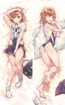 3: arm_up ass back bare_legs barefoot bed_sheet blush brown_eyes brown_hair competition_swimsuit covered_navel covering covering_crotch dakimakura dsmile feet flower hair_flower hair_ornament legs long_legs looking_at_viewer loose_socks lying misaka_mikoto multiple_views nape on_back on_side one-piece_swimsuit open_mouth orange_maru shirt shirt_removed short_hair skirt skirt_removed socks socks_removed strap_slip swimsuit swimsuit_under_clothes tears to_aru_kagaku_no_railgun to_aru_majutsu_no_index v-shaped_eyebrows wet wet_clothes wet_shirt white_legwear 