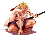  bare_arms blonde_hair caesar_anthonio_zeppeli cape cosplay facepaint facial_mark green_eyes jewelry jojo_no_kimyou_na_bouken male_focus mononoke_hime necklace san san_(cosplay) shirako solo squatting 