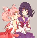  bishoujo_senshi_sailor_moon black_hair bow brooch chibi_usa choker cowboy_shot crescent crescent_earrings double_bun earrings elbow_gloves gloves grey_background hair_ornament hairpin holding_hands inahachi jewelry magical_girl multiple_girls pink_eyes pink_hair pink_sailor_collar pink_skirt pleated_skirt purple_bow purple_eyes purple_sailor_collar purple_skirt red_bow sailor_chibi_moon sailor_collar sailor_saturn sailor_senshi sailor_senshi_uniform short_hair skirt smile star star_choker super_sailor_saturn tiara tomoe_hotaru twintails white_gloves 