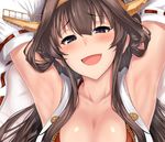  armpits arms_up bare_shoulders blue_eyes blush bra breasts brown_hair cleavage dakimakura detached_sleeves hairband headgear japanese_clothes kantai_collection kongou_(kantai_collection) large_breasts long_hair lying nontraditional_miko on_back open_mouth smile solo ulrich_(tagaragakuin) underwear upper_body 