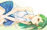  absurdres aqua_hair bad_id bad_nicoseiga_id bangs bare_shoulders between_legs blue_skirt blush breasts cleavage collarbone cowboy_shot frog frog_hair_ornament gradient_hair green_hair hair_ornament hand_between_legs highres kochiya_sanae koretsuki_azuma large_breasts long_hair looking_at_viewer lying multicolored_hair on_side open_mouth parted_lips see-through shiny shiny_hair shirt skirt sleeveless sleeveless_shirt snake solo touhou yellow_eyes 