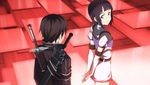  1girl :_code_register arms_behind_back black_hair blue_eyes game_cg kirito mole mole_under_eye official_art sachi_(sao) short_hair smile sword sword_art_online sword_art_online:_hollow_fragment weapon 