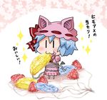  :3 bat_wings blue_hair bound bow brooch candy chibi commentary detached_sleeves dress food hat hat_bow jewelry mob_cap noai_nioshi pink_dress pink_hat puffy_short_sleeves puffy_sleeves red_bow remilia_scarlet short_hair short_sleeves solo sparkle string tied_up tongue tongue_out touhou translated wings |_| 