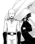  1girl anger_vein bald cape covering_face crossed_arms fubuki_(one-punch_man) greyscale image_sample kuroha_ai monochrome one-punch_man open_mouth pixiv_sample saitama_(one-punch_man) short_hair smile 