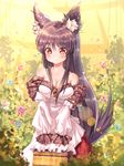  animal_ears blush breasts brooch brown_hair cleavage collarbone dress flower highres imaizumi_kagerou jewelry long_hair long_sleeves looking_at_viewer medium_breasts nature off-shoulder_shirt off_shoulder red_eyes shirt smile solo tail touhou volcano_(liao) wolf_ears wolf_tail 