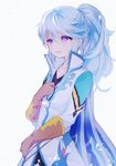  blush coat feathers gloves long_hair male_focus mikleo_(tales) name_(oiuio) open_mouth ponytail purple_eyes solo tales_of_(series) tales_of_zestiria 